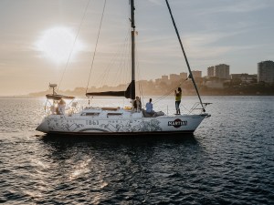 a small boat in a large body of water
