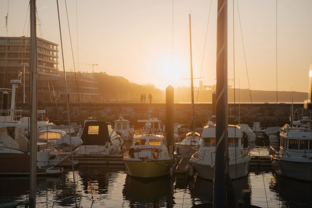 Boats docked at a harbor during sunset with buildings in the background.